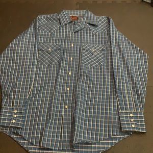 Plains Western Wear Blue and Black Button Down Long Sleeved Shirt Size Medium